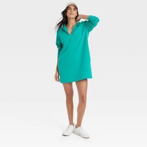 Universal Thread Women's XL Green Long Sleeve Mini Fleece Tunic Dress Pockets